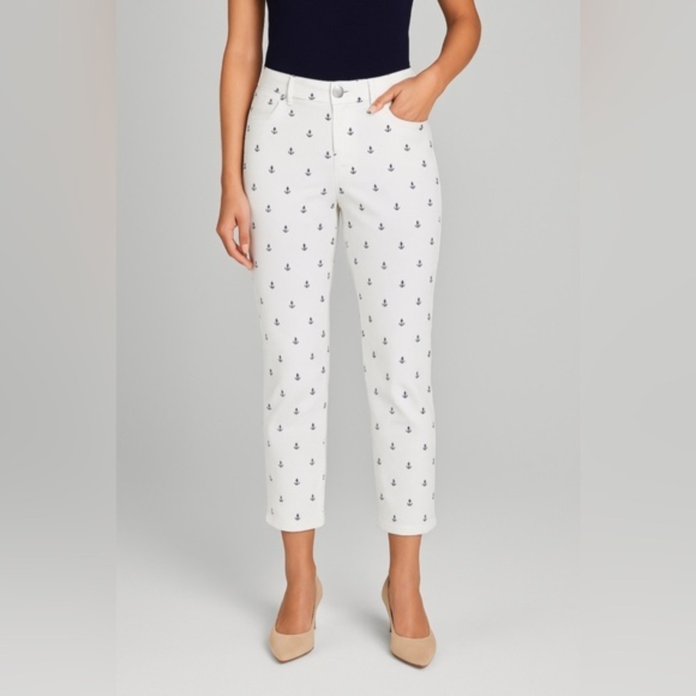 nwt NYDJ Anchor Print Lift Tuck Ankle Jeans White Nautical Womens 10